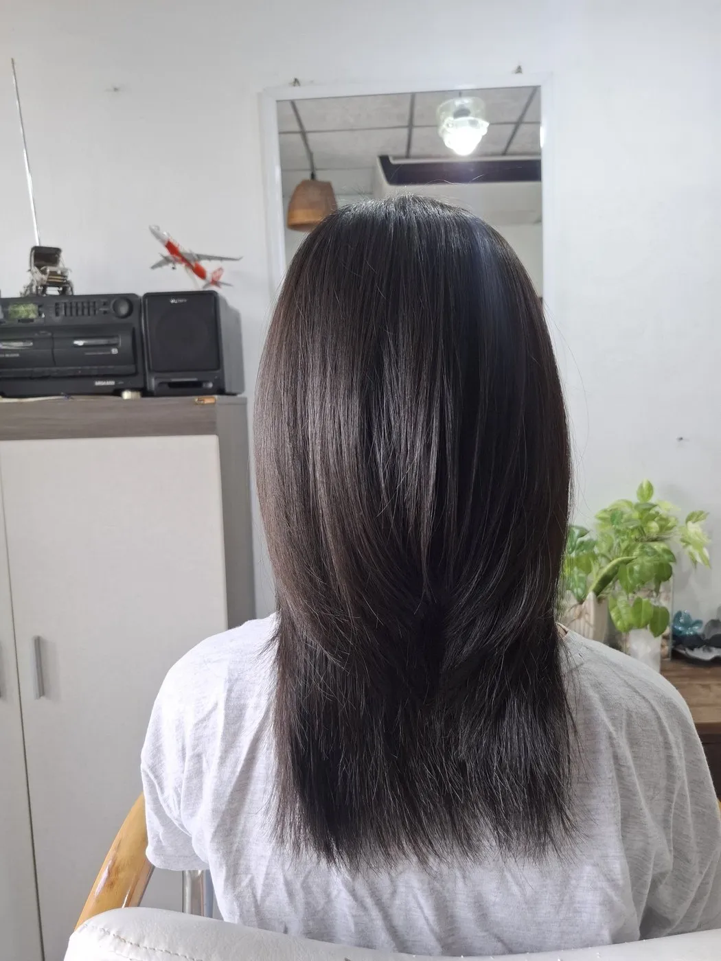 Glossy dark layered hair, seen from behind