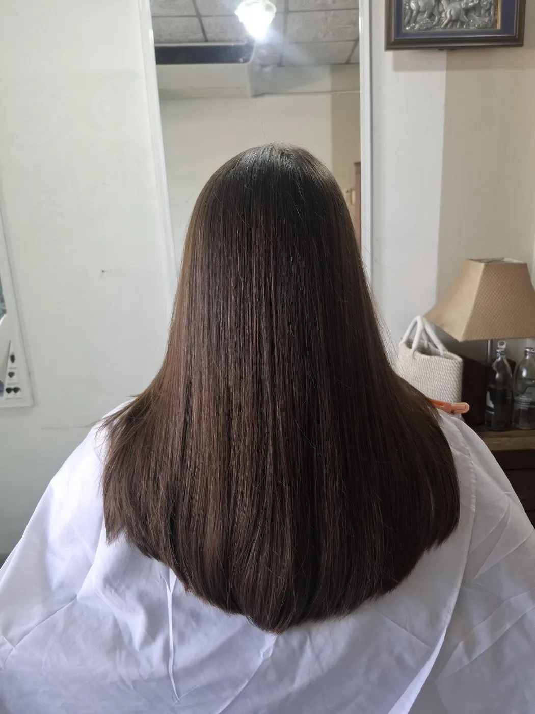 Straight brown hair, seen from behind