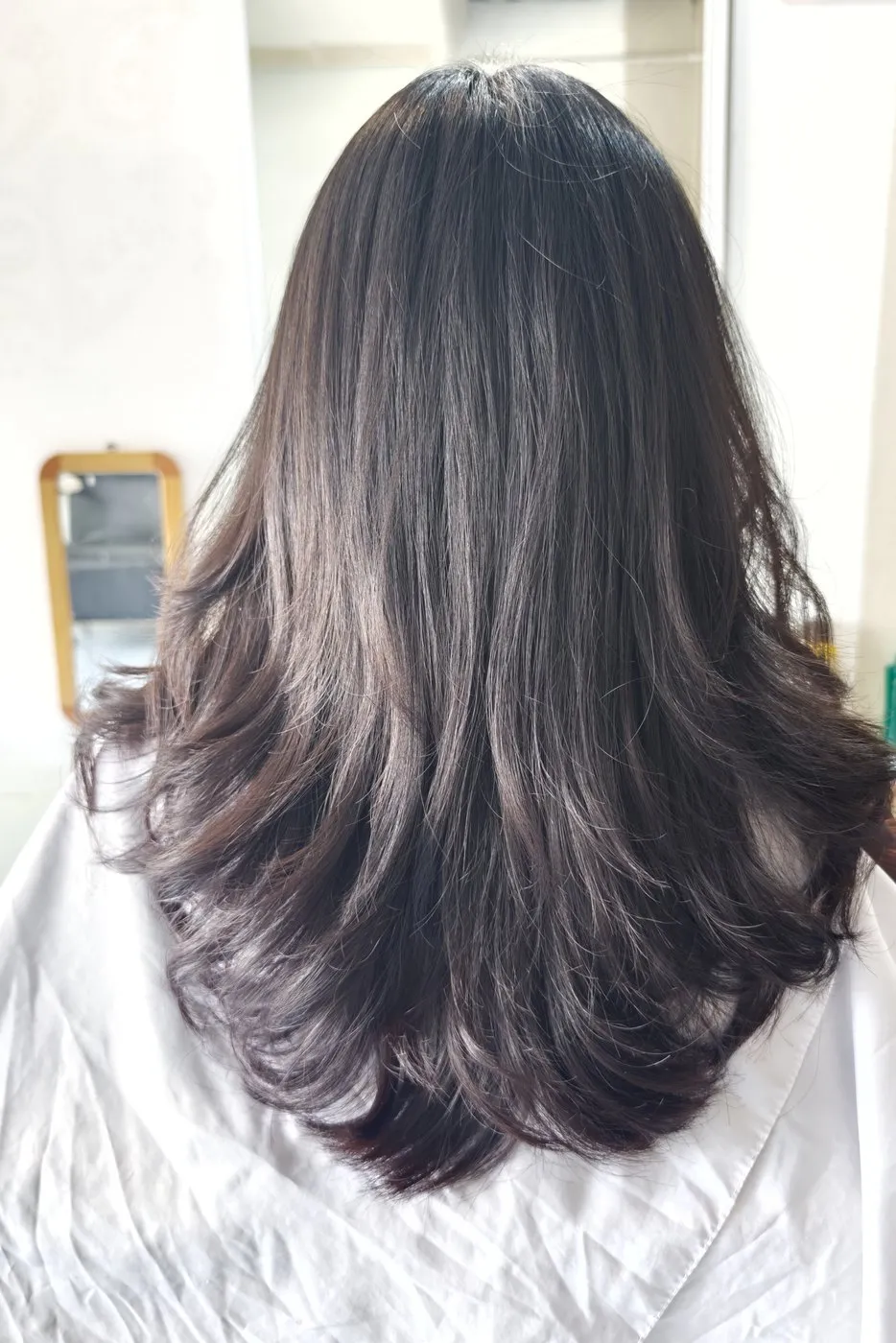 Long dark hair, layered, with softly curled ends, seen from behind